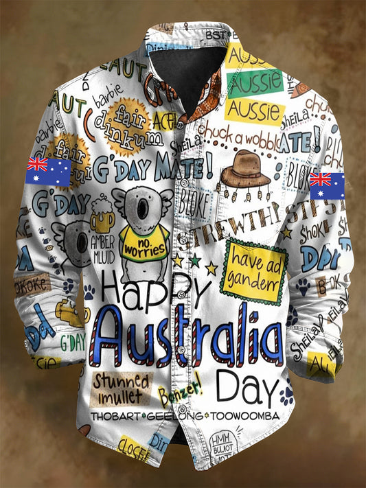 Men's Happy Australia Day Flag Print Casual Long Sleeve Pocket Shirt