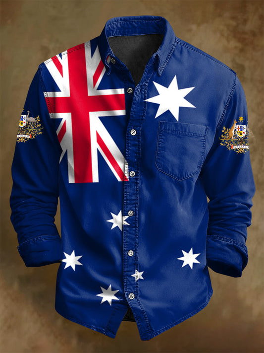 Men's Retro Australian Flag Badge Print Casual Long Sleeve Pocket Shirt