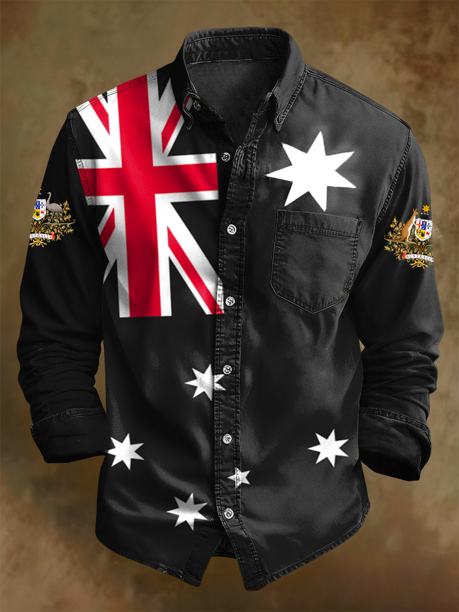 Men's Retro Australian Flag Badge Print Casual Long Sleeve Pocket Shirt