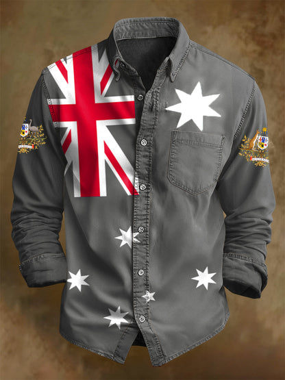 Men's Retro Australian Flag Badge Print Casual Long Sleeve Pocket Shirt