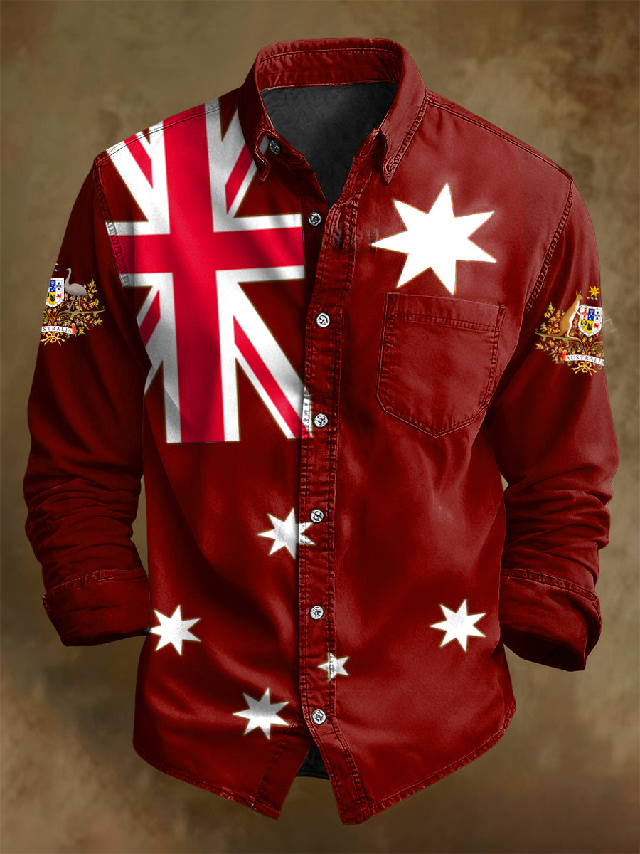Men's Retro Australian Flag Badge Print Casual Long Sleeve Pocket Shirt
