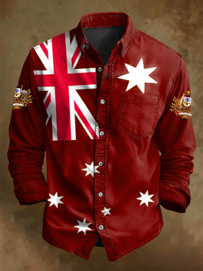 Men's Retro Australian Flag Badge Print Casual Long Sleeve Pocket Shirt
