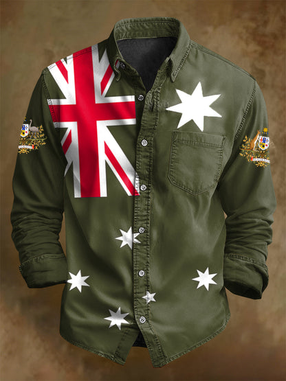 Men's Retro Australian Flag Badge Print Casual Long Sleeve Pocket Shirt
