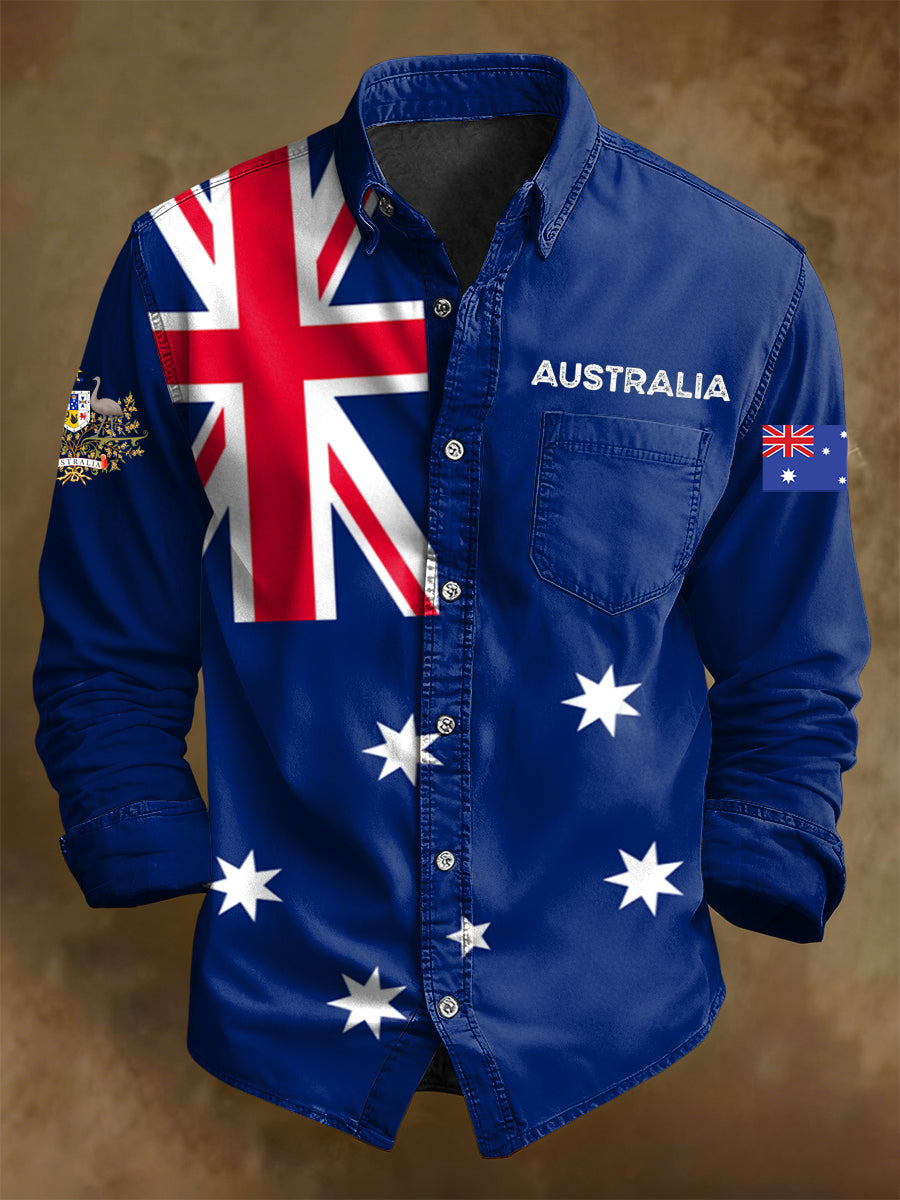 Men's Retro Australian Flag Badge Print Casual Long Sleeve Pocket Shirt