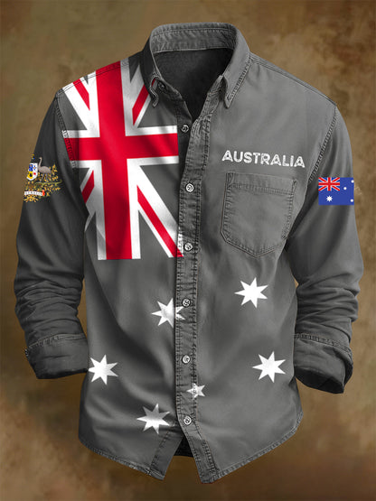 Men's Retro Australian Flag Badge Print Casual Long Sleeve Pocket Shirt