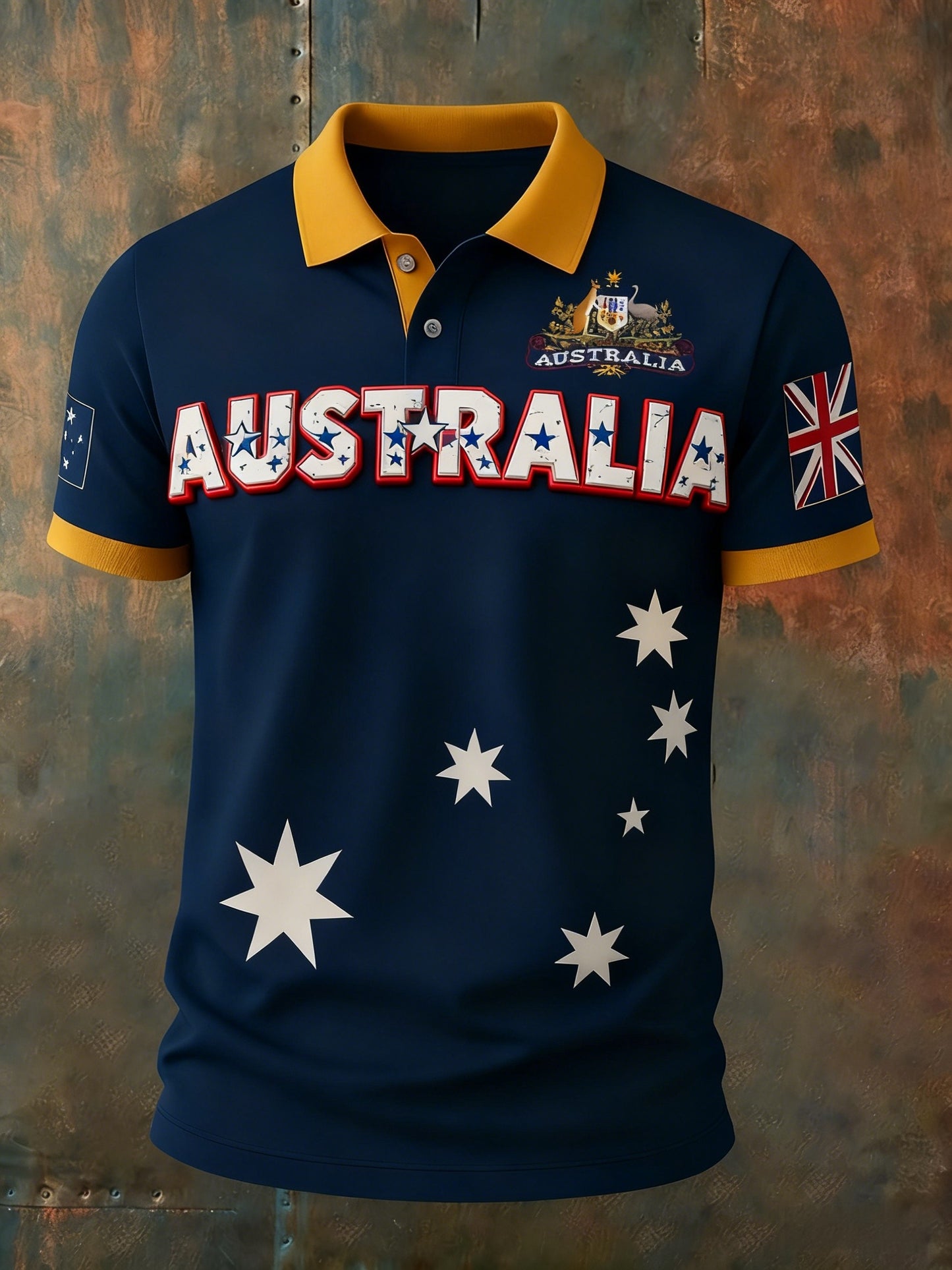 Vintage Australian Flag Badge Patchwork Printed Casual Cotton Short Sleeve Pocket Polo Shirt