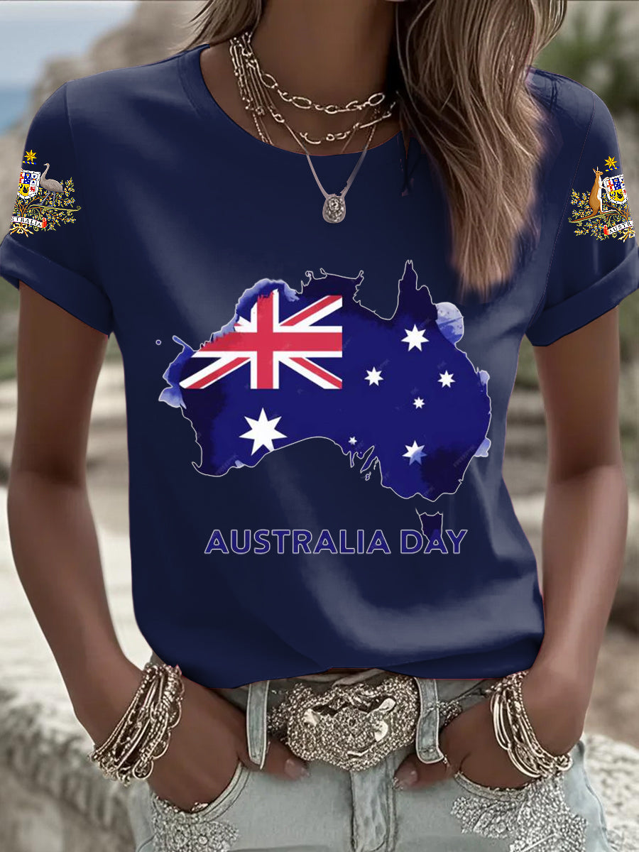 Retro Australia Day Flag Badge Print Casual Cotton Short Sleeve T-Shirt