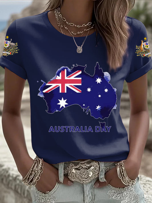 Retro Australia Day Flag Badge Print Casual Cotton Short Sleeve T-Shirt
