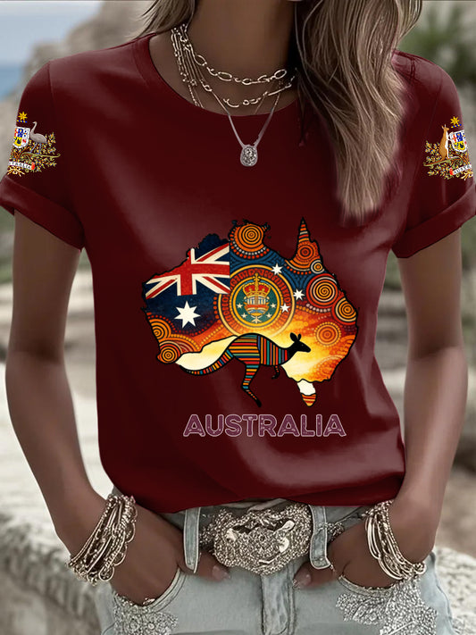 Retro Australia Day Flag Badge Kangaroo Aboriginal Print Casual Cotton Short Sleeve T-Shirt