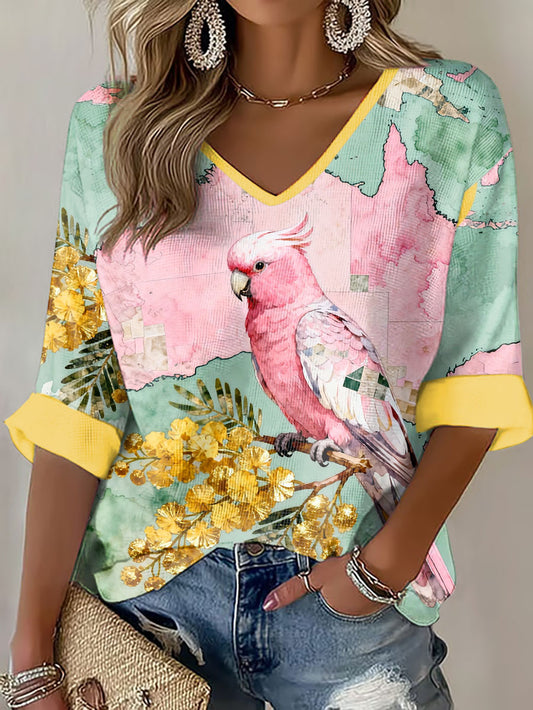 Women's Pink Cockatoo Aussie Proud Printed Waffle T-shirt