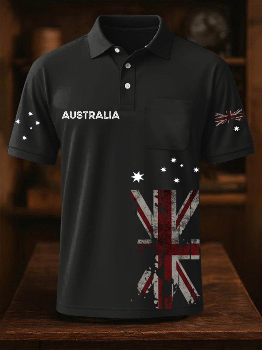 Vintage Australian Flag Badge Printed Casual Cotton Short Sleeve Pocket Polo Shirt