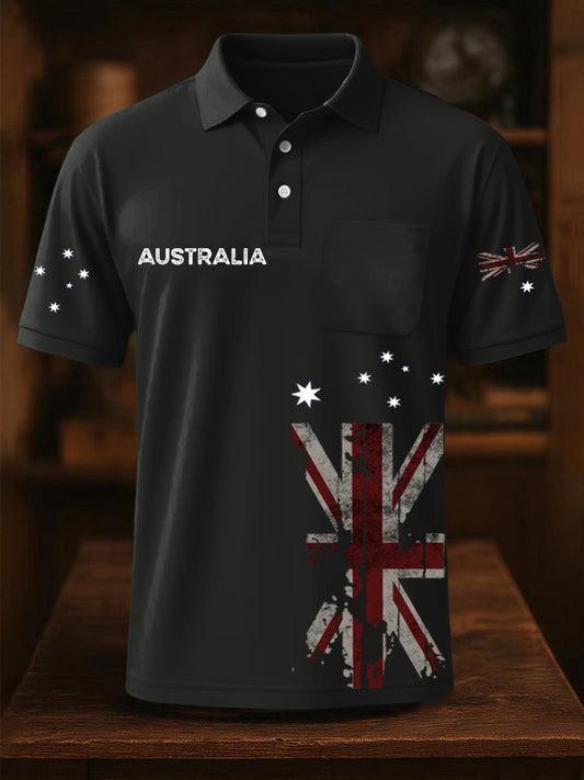 Vintage Australian Flag Badge Printed Casual Cotton Short Sleeve Pocket Polo Shirt