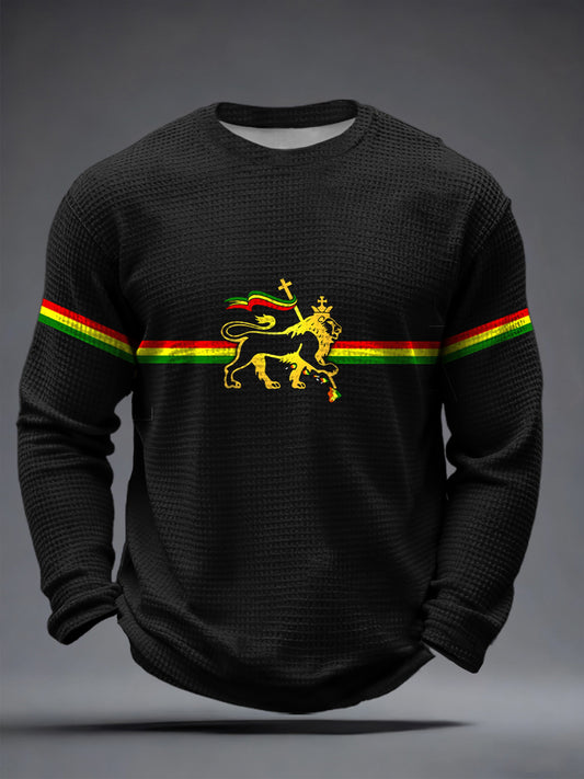 Men's Reggae Music Inspired Lion Print Waffle Long-Sleeve T-Shirt