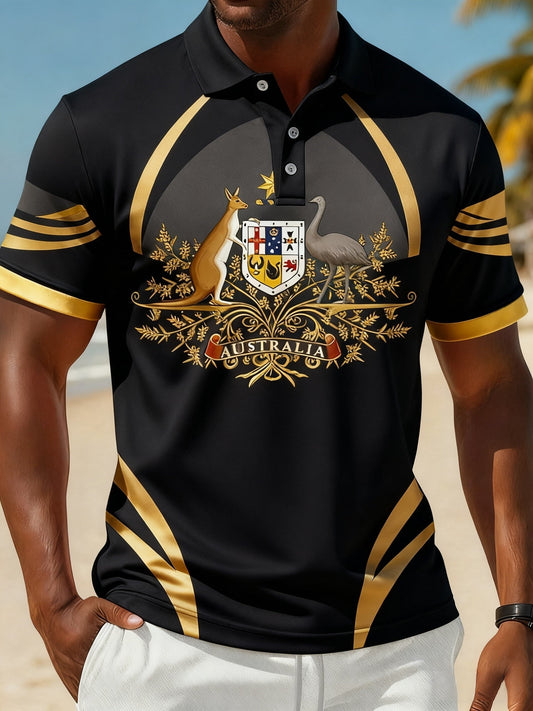 Vintage Australian Flag Badge Sports Patchwork Printed Casual Cotton Short Sleeve Polo Shirt