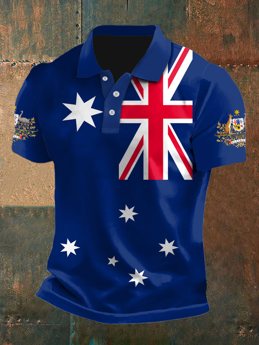 Vintage Australian Flag Crest  Printed Casual Cotton Short Sleeve Polo Shirt