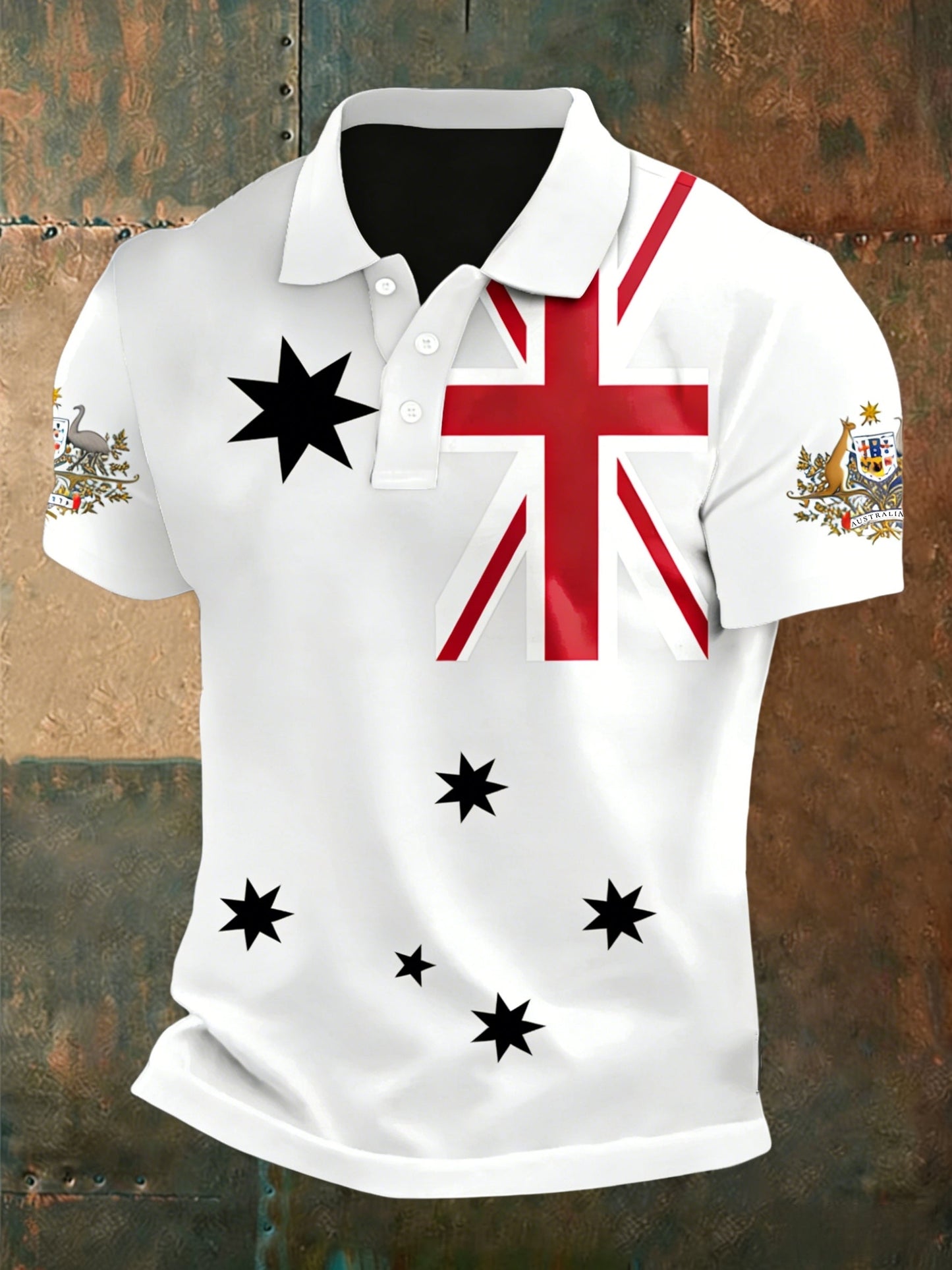 Vintage Australian Flag Crest  Printed Casual Cotton Short Sleeve Polo Shirt