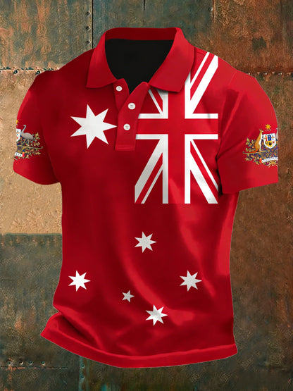 Vintage Australian Flag Crest  Printed Casual Cotton Short Sleeve Polo Shirt