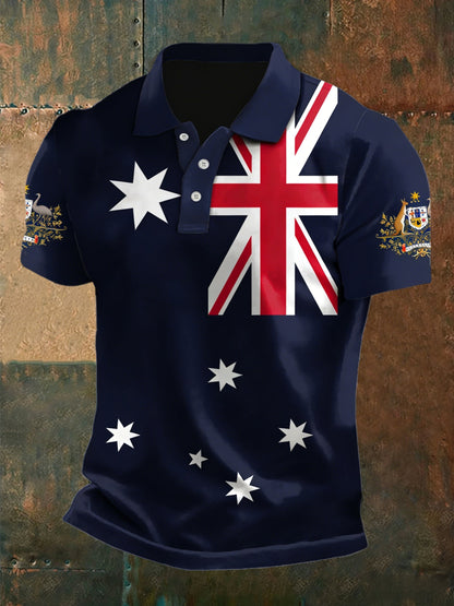 Vintage Australian Flag Crest  Printed Casual Cotton Short Sleeve Polo Shirt