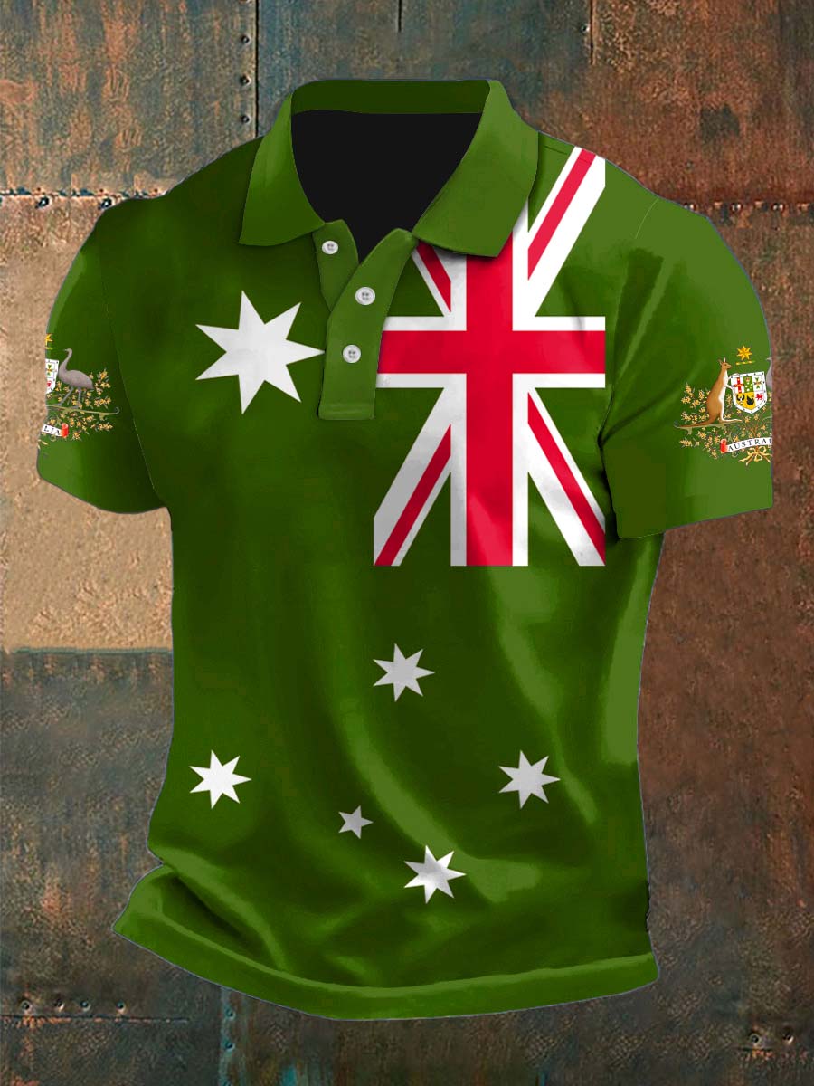Vintage Australian Flag Crest  Printed Casual Cotton Short Sleeve Polo Shirt