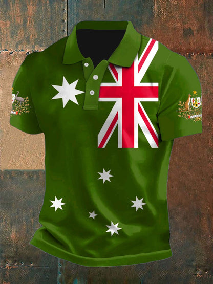 Vintage Australian Flag Crest  Printed Casual Cotton Short Sleeve Polo Shirt