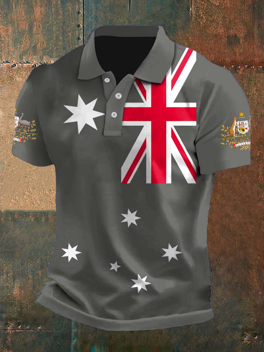 Vintage Australian Flag Crest  Printed Casual Cotton Short Sleeve Polo Shirt
