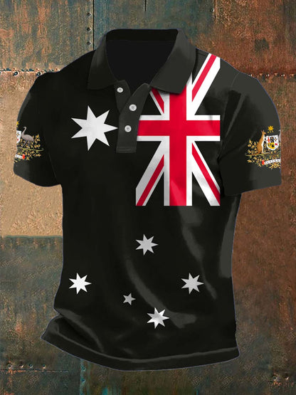 Vintage Australian Flag Crest  Printed Casual Cotton Short Sleeve Polo Shirt