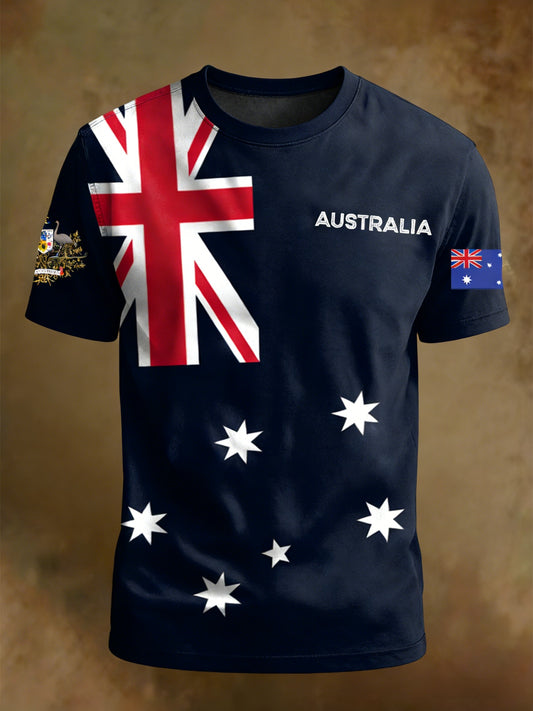 Vintage Australian Flag Badge Print Casual Cotton Short Sleeve T-Shirt