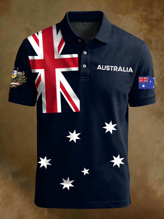 Vintage Australian Flag Badge Print Casual Cotton Short Sleeve Polo Shirt
