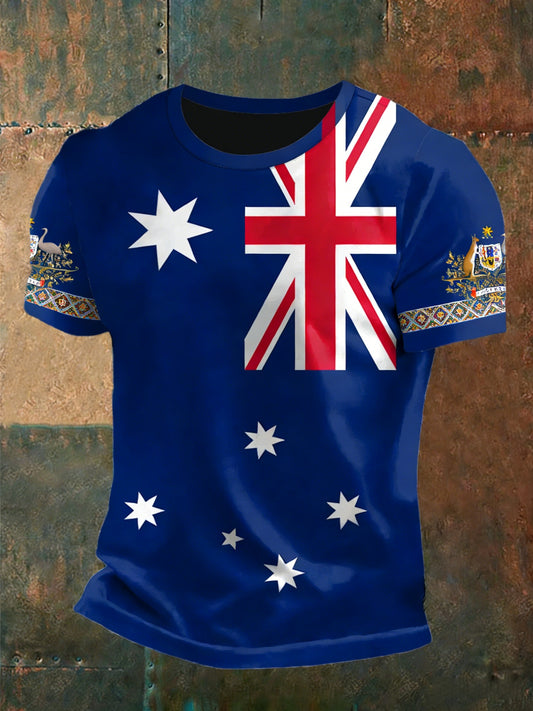 Vintage Australian Flag Badge Print Casual Cotton Short Sleeve T-Shirt