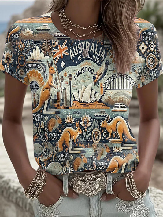 Women's Vintage Happy Australia Day Art Print Casual Cotton Short-Sleeved T-Shirt