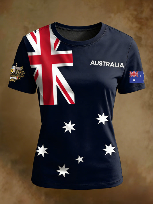 Women's Vintage Australian Flag Badge Print Casual Cotton Short Sleeve T-Shirt