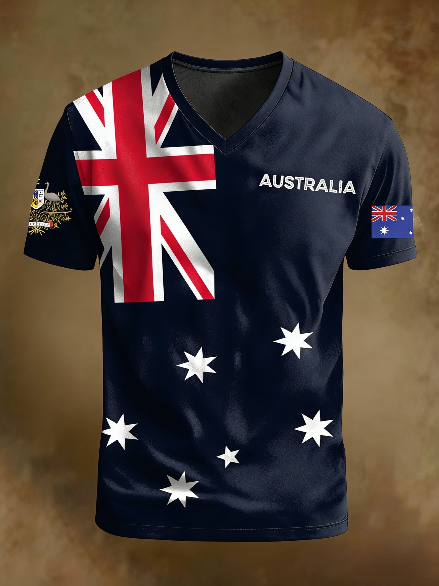 Vintage Australian Flag Badge Print Casual Cotton Short Sleeve V-Neck T-Shirt