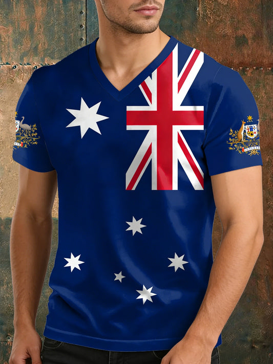 Vintage Australian Flag Badge Print Casual Cotton Short Sleeve V-Neck T-Shirt