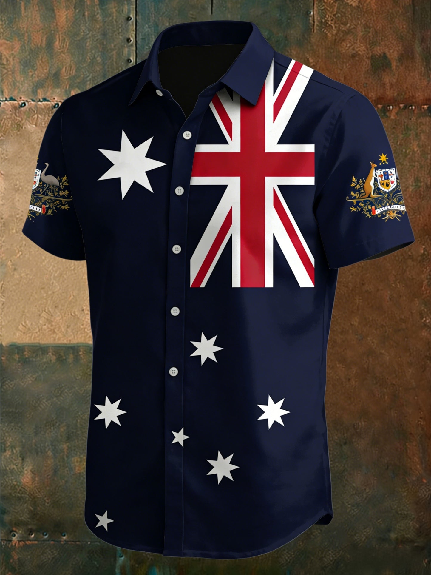 Vintage Australian Flag Badge Print Casual Cotton Short Sleeve Shirt