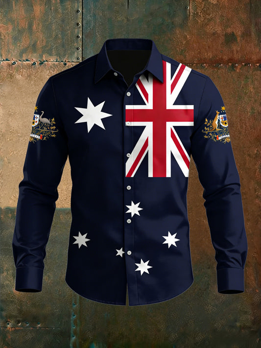 Men's Vintage Australian Flag Badge Print Casual Cotton Long-Sleeved Shirt