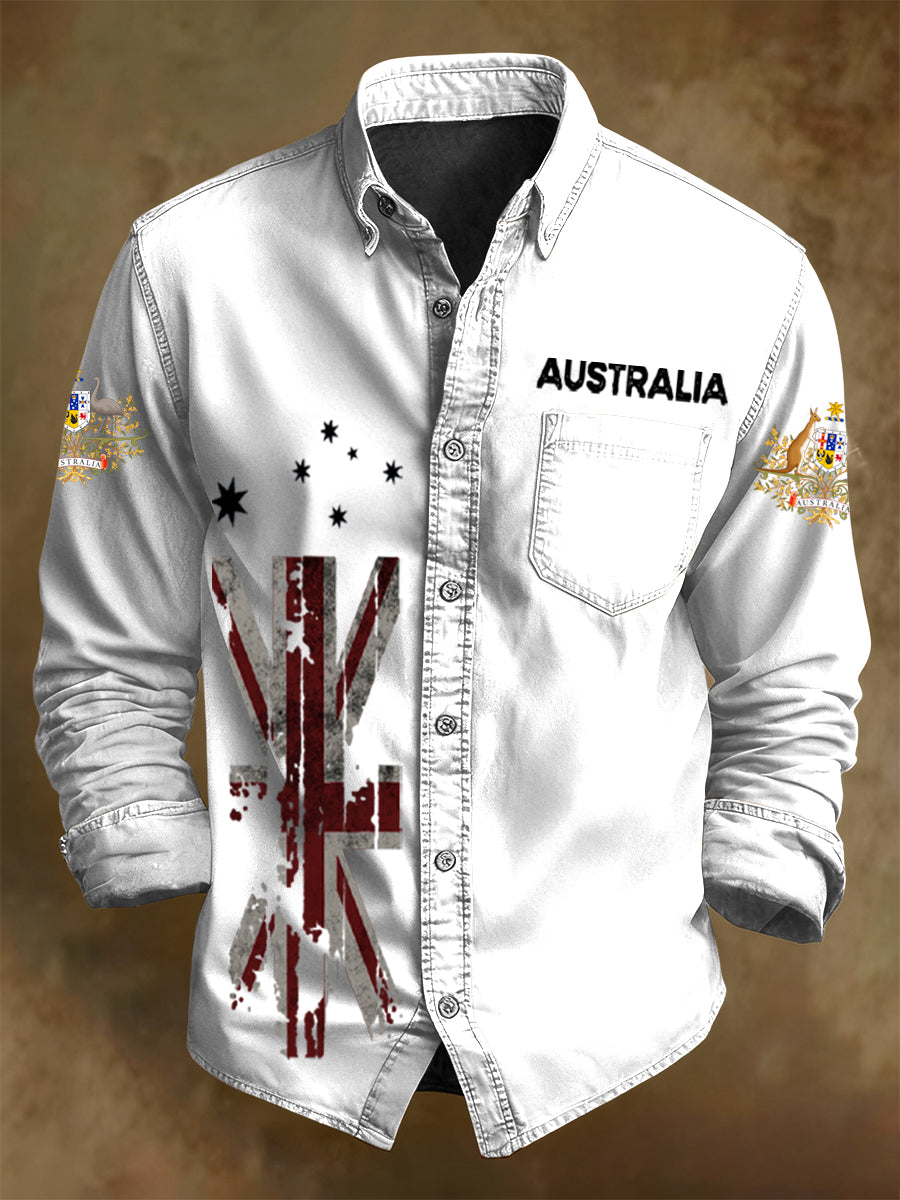 Men's Retro Australian Flag Badge Print Casual Long Sleeve Pocket Shirt