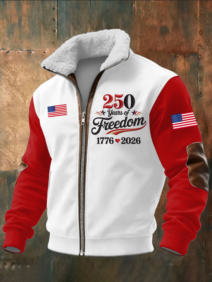 Men's America 250th Anniversary Printed Long Sleeved Stand Up Collar Lambhair Zipper Top