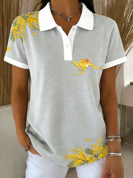Women's  Vintage Australian Kangaroo Art Printed Casual Cotton Short Sleeve Polo Shirt