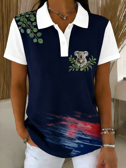 Women's  Vintage Australian Art Printed Casual Cotton Short Sleeve Polo Shirt