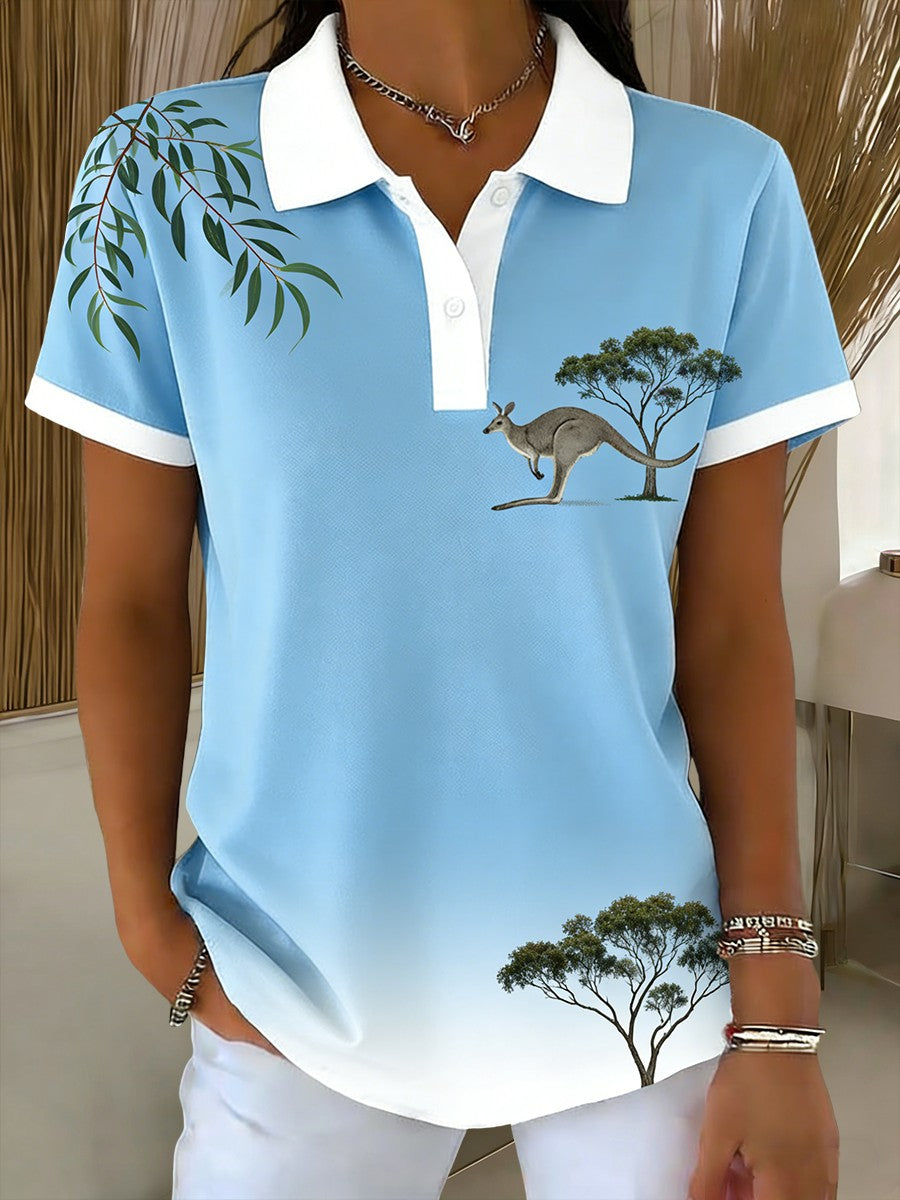 Women's  Vintage Australian Kangaroo Art Printed Casual Cotton Short Sleeve Polo Shirt