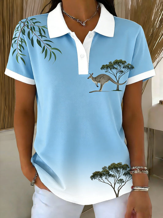 Women's  Vintage Australian Kangaroo Art Printed Casual Cotton Short Sleeve Polo Shirt