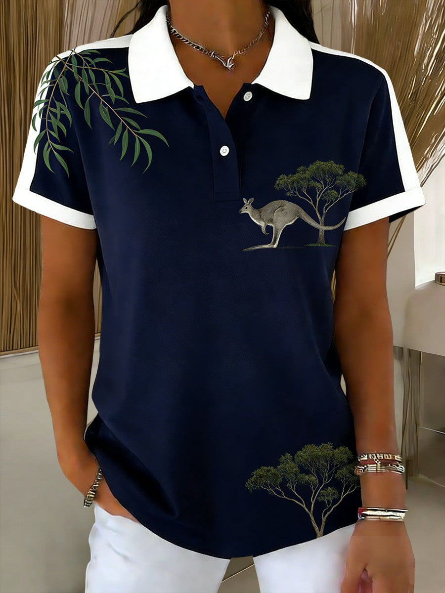 Women's  Vintage Australian Kangaroo Art Printed Casual Cotton Short Sleeve Polo Shirt