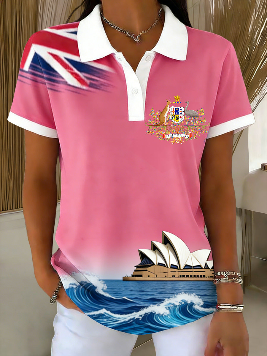 Women's  Vintage Australian Kangaroo Art Printed Casual Cotton Short Sleeve Polo Shirt