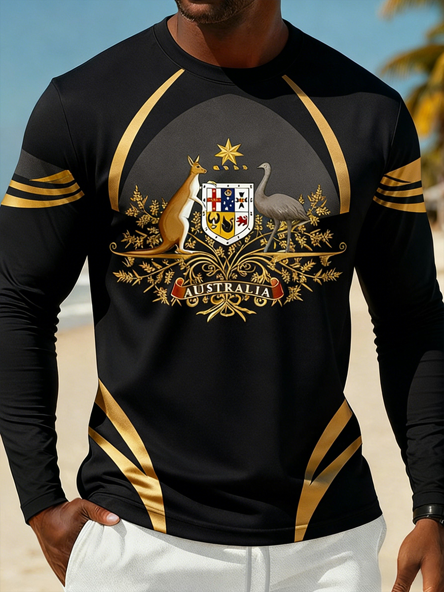 Vintage Australian Flag Badge Sports Patchwork  Printed Casual Long-Sleeve T-Shirt