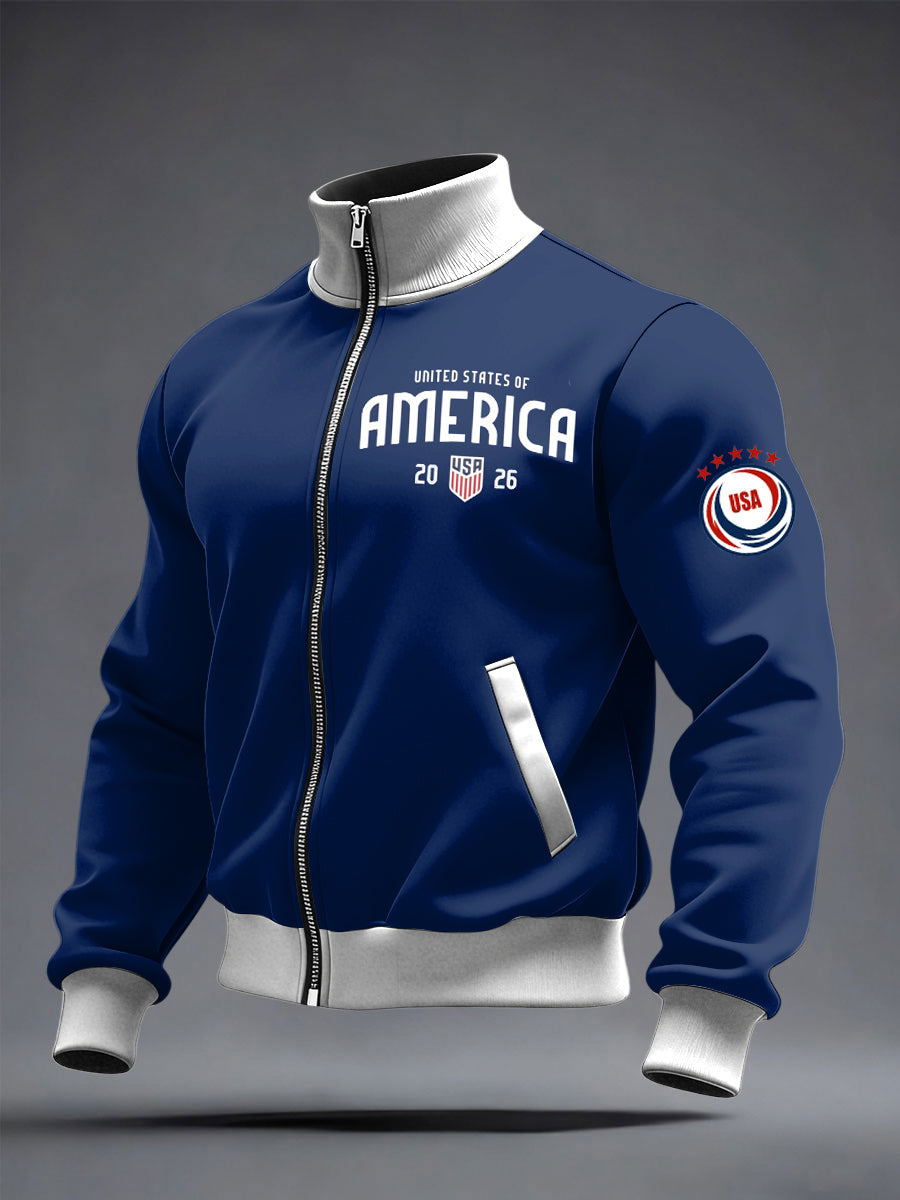 Men's US Printed long Sleeved Zipper Stand Up Collar Jacket