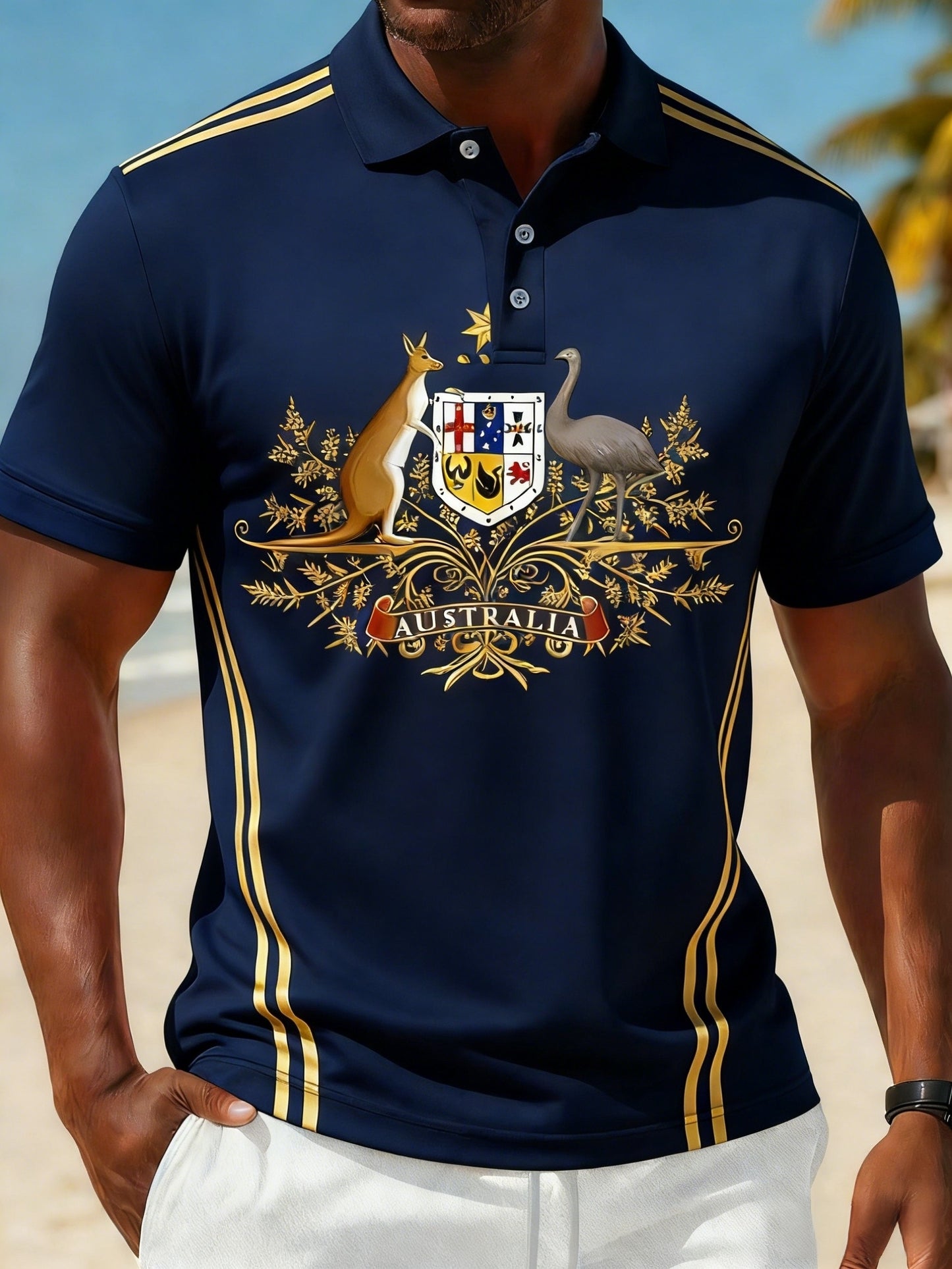 Men's  Vintage Australian Flag Badge Printed Casual Cotton Short Sleeve Sports Polo Shirt