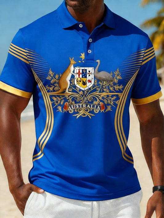 Men's  Vintage Australian Flag Badge Printed Casual Cotton Short Sleeve Sports Polo Shirt