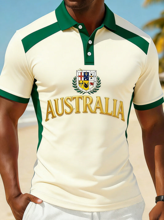 Men's  Vintage Australian Flag Badge Printed Casual Cotton Short Sleeve Sports Polo Shirt
