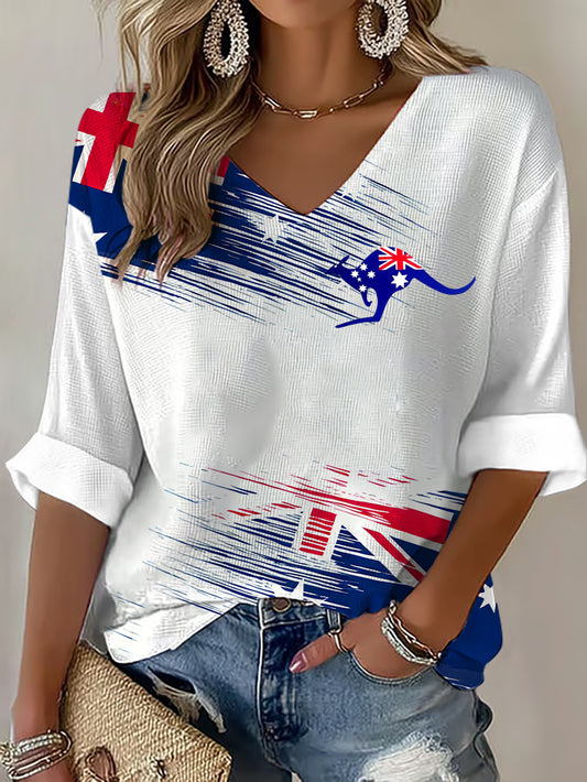 Women's Australian Flag Print Casual V-Neck  Waffle T-shirt