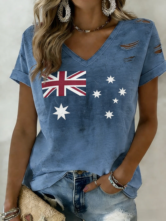 Women's  Vintage Australian Flag Badge Art Print V-Neck Short Sleeve T-Shirt
